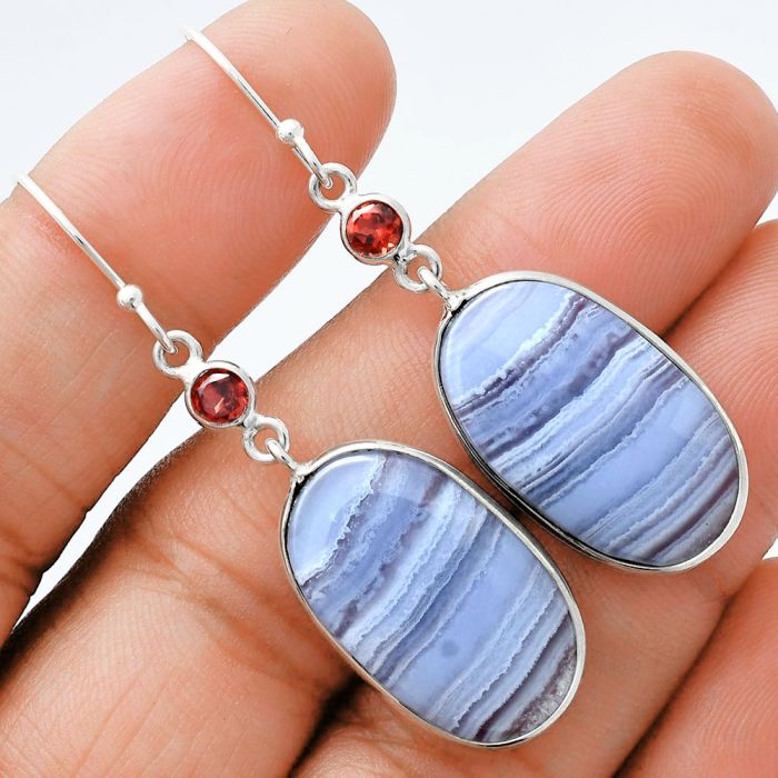 Blue Lace Agate and Garnet Earrings SDE88621 E-1002, 14x23 mm