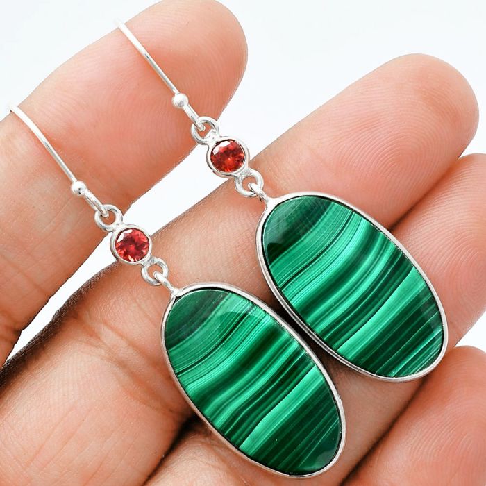 Malachite Eye and Garnet Earrings SDE88624 E-1002, 14x25 mm