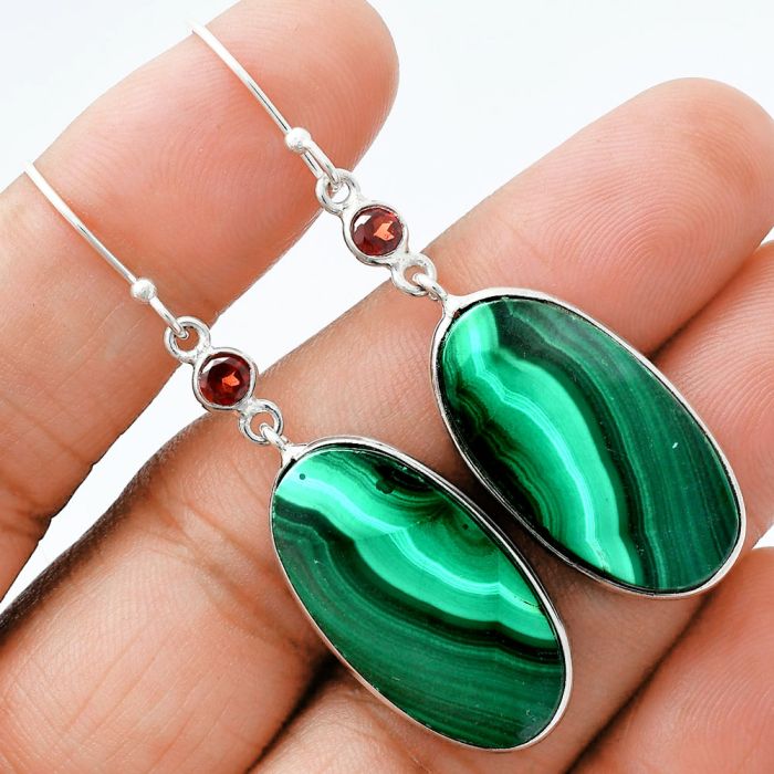 Malachite Eye and Garnet Earrings SDE88625 E-1002, 14x26 mm