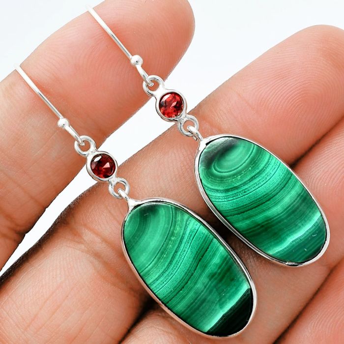 Malachite Eye and Garnet Earrings SDE88626 E-1002, 13x24 mm