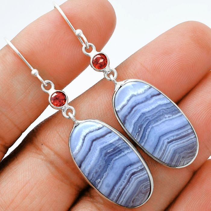 Blue Lace Agate and Garnet Earrings SDE88645 E-1002, 13x25 mm