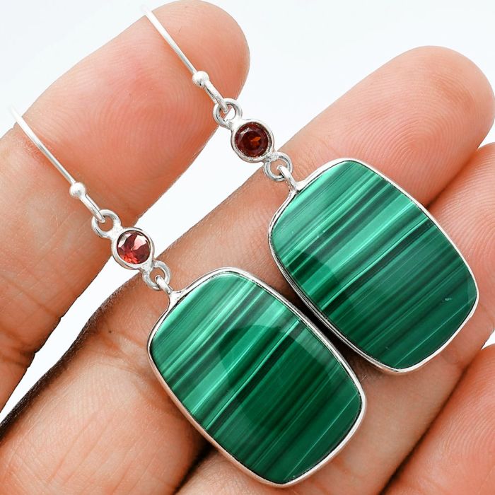 Malachite Eye and Garnet Earrings SDE88653 E-1002, 17x24 mm