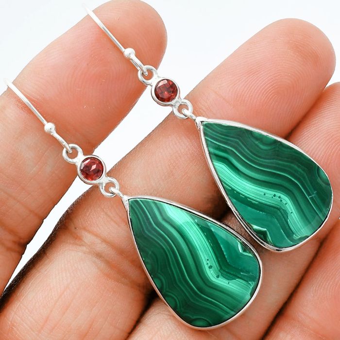 Malachite Eye and Garnet Earrings SDE88654 E-1002, 16x25 mm