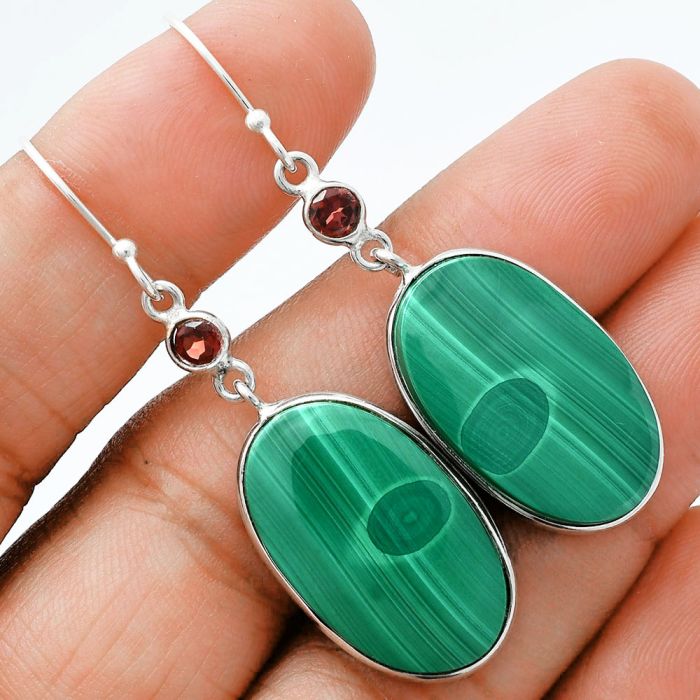 Malachite Eye and Garnet Earrings SDE88658 E-1002, 15x24 mm