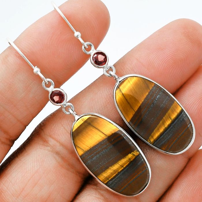 Tiger Eye and Garnet Earrings SDE88661 E-1002, 14x24 mm