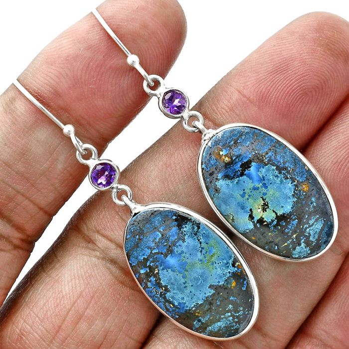 Shattuckite and Amethyst Earrings SDE88666 E-1002, 15x24 mm