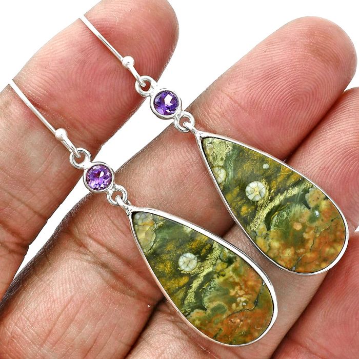 Rhyolite - Rainforest Jasper and Amethyst Earrings SDE88676 E-1002, 13x27 mm