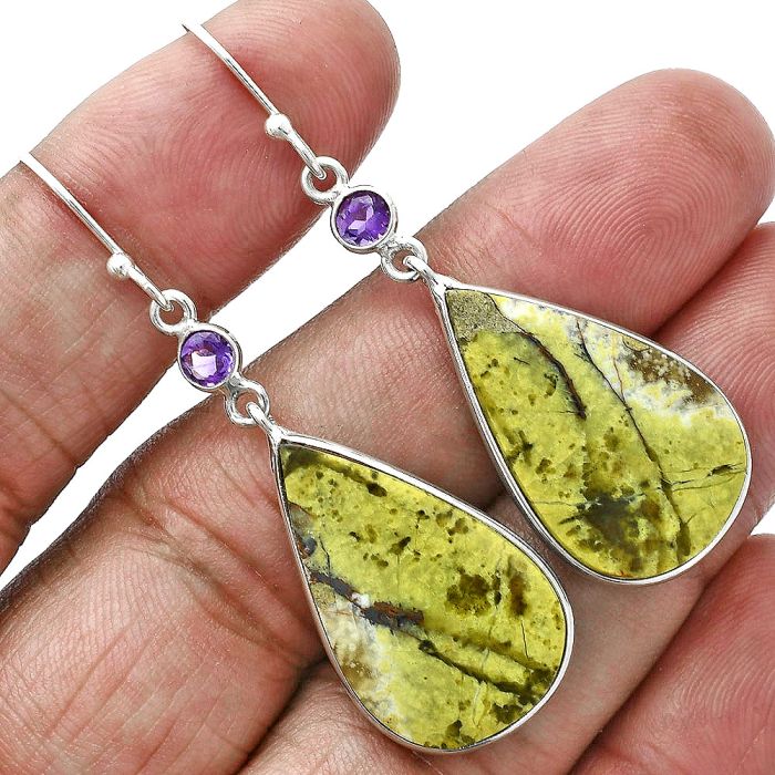 Green Opal Madagascar and Amethyst Earrings SDE88685 E-1002, 16x25 mm