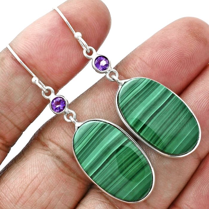 Malachite Eye and Amethyst Earrings SDE88696 E-1002, 14x23 mm