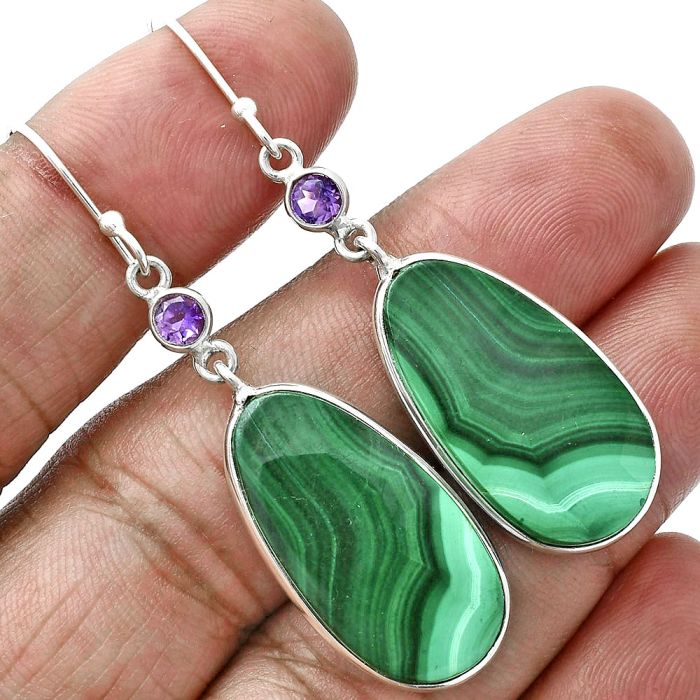 Malachite Eye and Amethyst Earrings SDE88697 E-1002, 14x25 mm