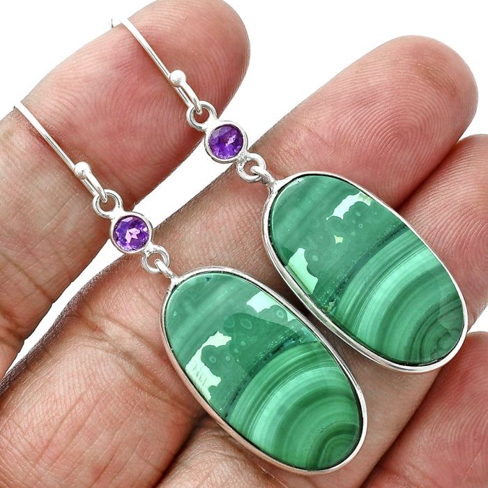 Malachite Eye and Amethyst Earrings SDE88699 E-1002, 14x26 mm