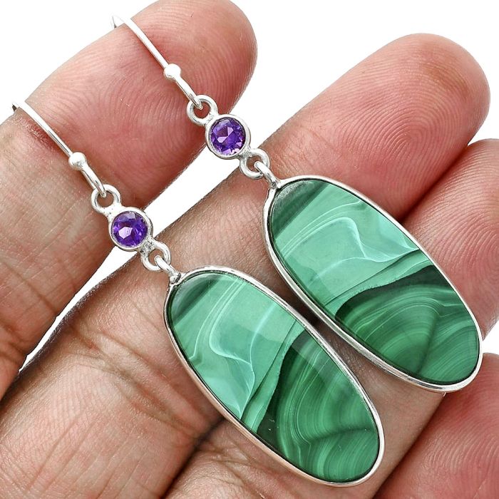 Malachite Eye and Amethyst Earrings SDE88700 E-1002, 12x28 mm