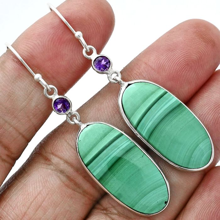 Malachite Eye and Amethyst Earrings SDE88701 E-1002, 13x26 mm