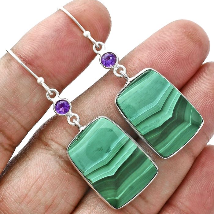 Malachite Eye and Amethyst Earrings SDE88702 E-1002, 16x22 mm