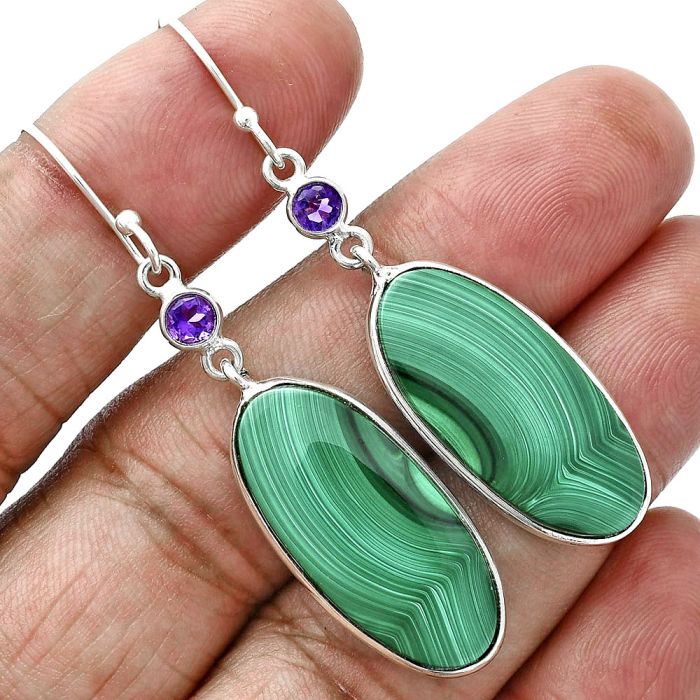 Malachite Eye and Amethyst Earrings SDE88703 E-1002, 12x26 mm