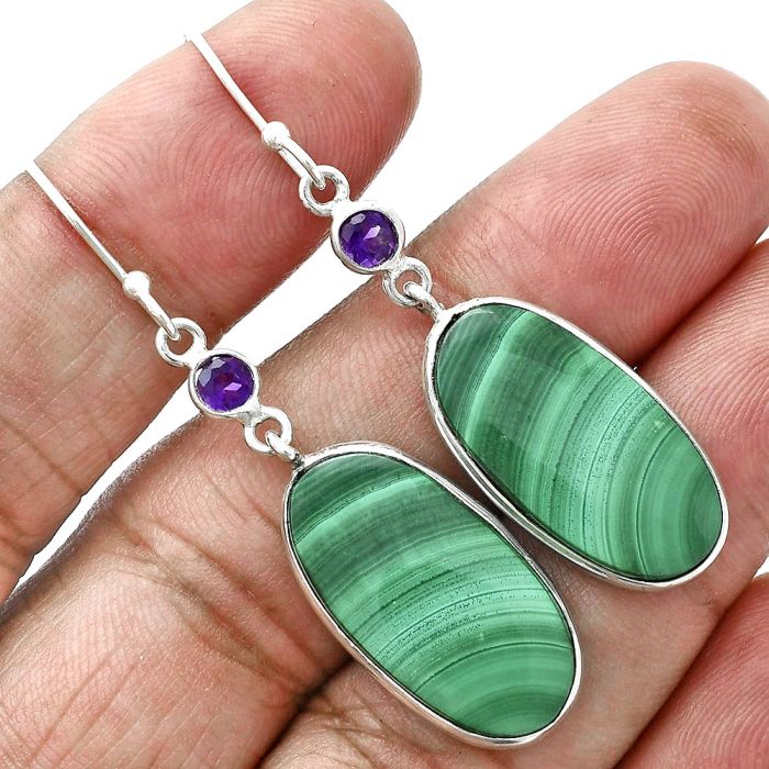 Malachite Eye and Amethyst Earrings SDE88704 E-1002, 12x23 mm