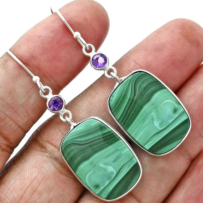 Malachite Eye and Amethyst Earrings SDE88705 E-1002, 16x21 mm