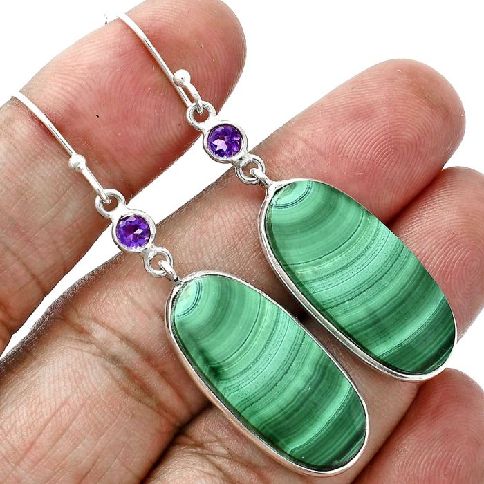 Malachite Eye and Amethyst Earrings SDE88706 E-1002, 12x26 mm