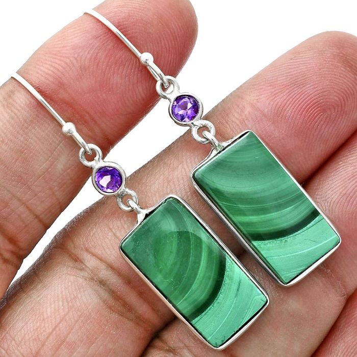 Malachite Eye and Amethyst Earrings SDE88707 E-1002, 11x20 mm