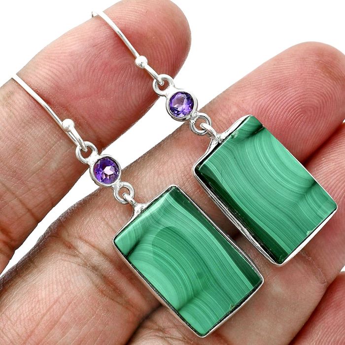 Malachite Eye and Amethyst Earrings SDE88708 E-1002, 13x19 mm