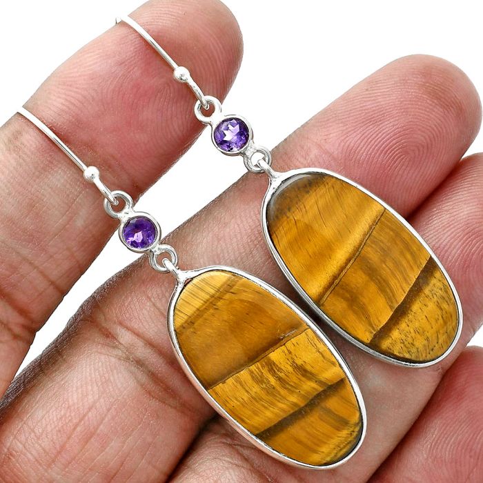 Tiger Eye and Amethyst Earrings SDE88709 E-1002, 14x27 mm