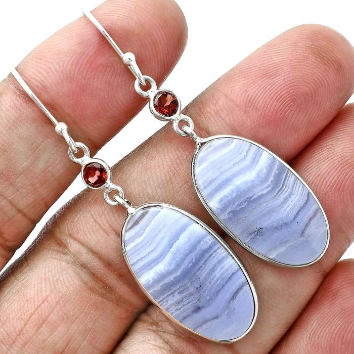 Blue Lace Agate and Garnet Earrings SDE88727 E-1002, 13x24 mm