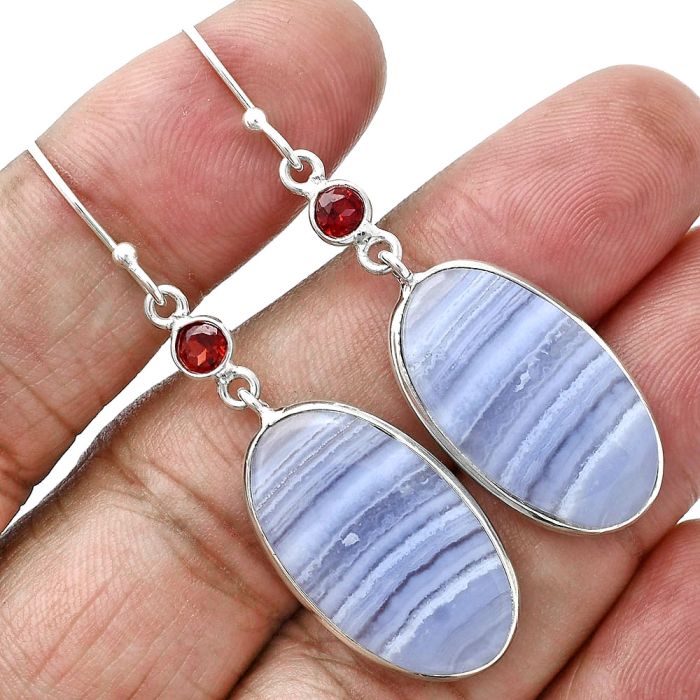 Blue Lace Agate and Garnet Earrings SDE88728 E-1002, 14x24 mm