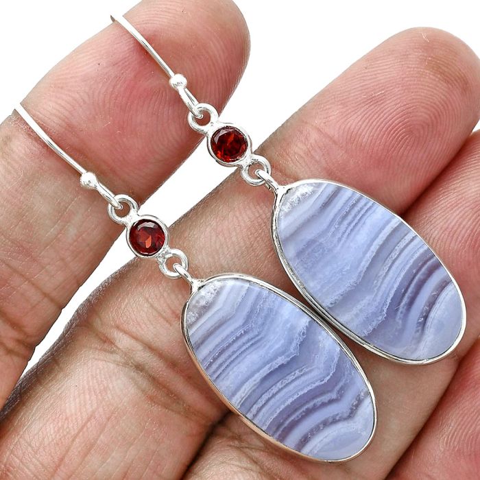 Blue Lace Agate and Garnet Earrings SDE88729 E-1002, 13x25 mm