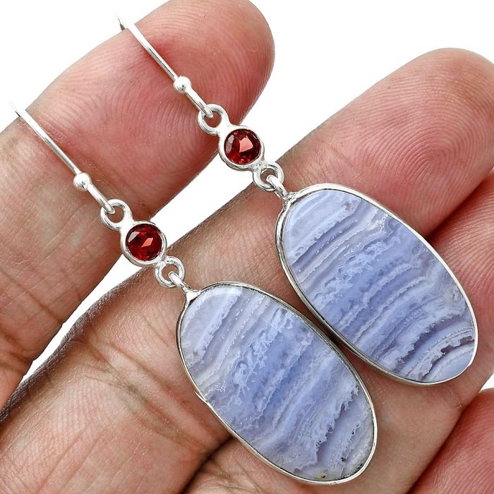 Blue Lace Agate and Garnet Earrings SDE88730 E-1002, 13x25 mm