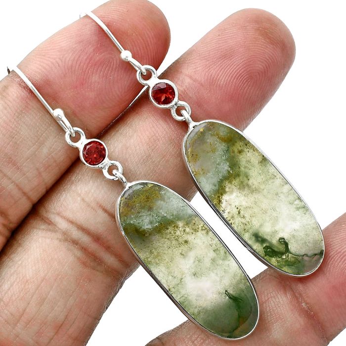 Moss Agate and Garnet Earrings SDE88733 E-1002, 12x30 mm