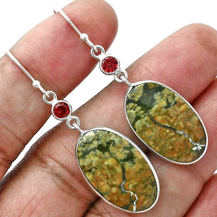 Rhyolite - Rainforest Jasper and Garnet Earrings SDE88735 E-1002, 14x23 mm