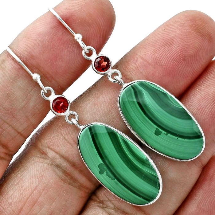 Malachite Eye and Garnet Earrings SDE88746 E-1002, 12x24 mm