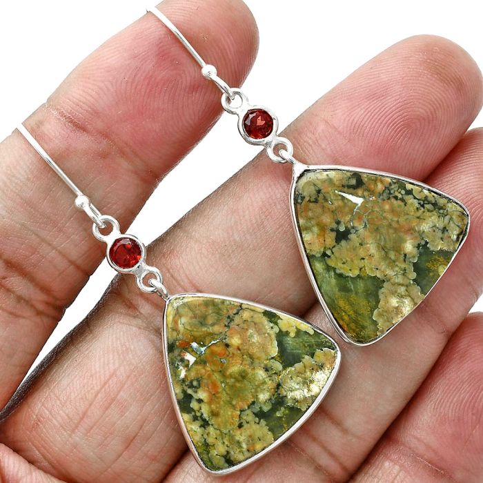 Rhyolite - Rainforest Jasper and Garnet Earrings SDE88765 E-1002, 21x21 mm