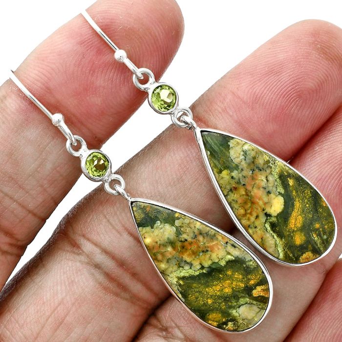 Rhyolite - Rainforest Jasper and Peridot Earrings SDE88782 E-1002, 12x26 mm