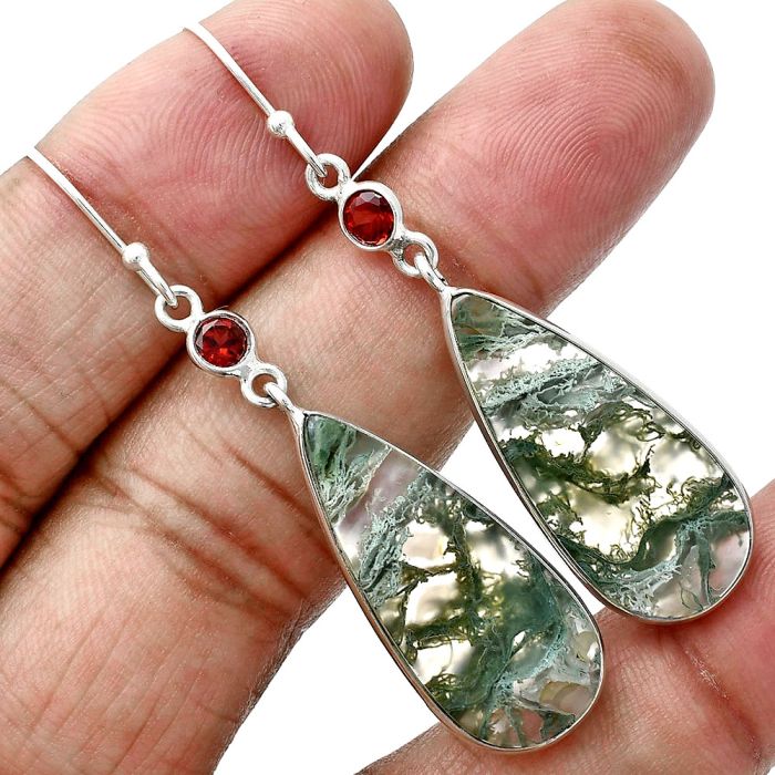 Horse Canyon Moss Agate and Garnet Earrings SDE88785 E-1002, 12x28 mm