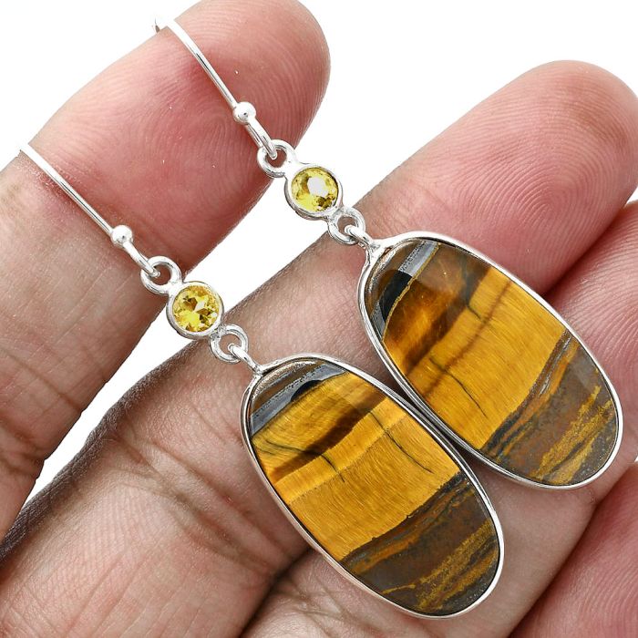 Tiger Eye and Citrine Earrings SDE88799 E-1002, 13x26 mm