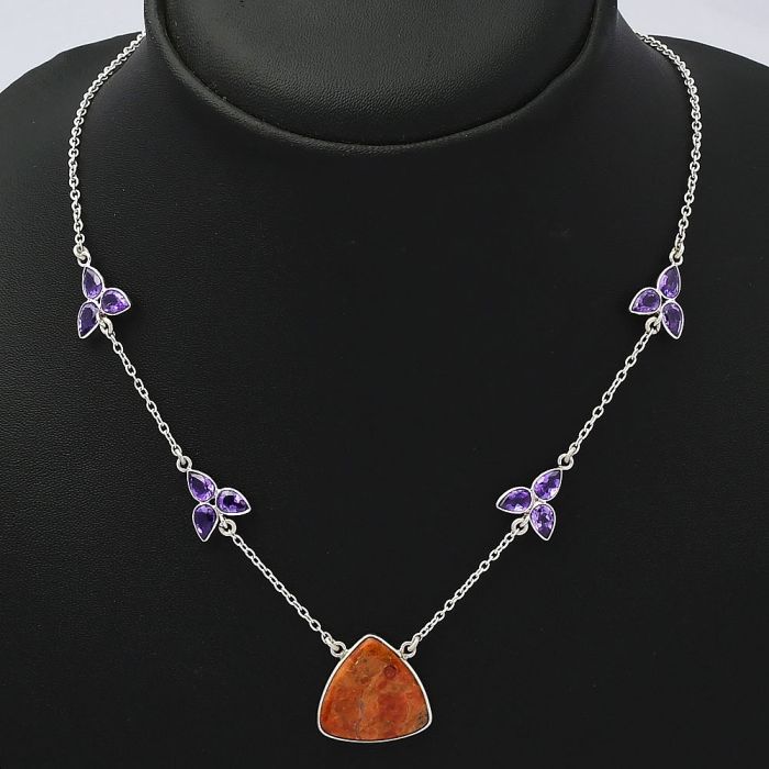 Natural Red Sponge Coral & Amethyst Necklace SDN1320 N-1004, 18x18 mm