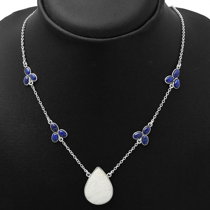 Natural White Scolecite & Lapis Necklace SDN1327 N-1004, 18x23 mm