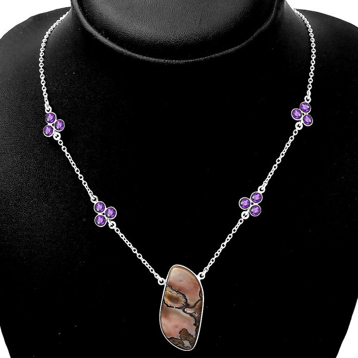 Natural Coffee Bean Jasper & Amethyst Necklace SDN1378 N-1004, 15x32 mm