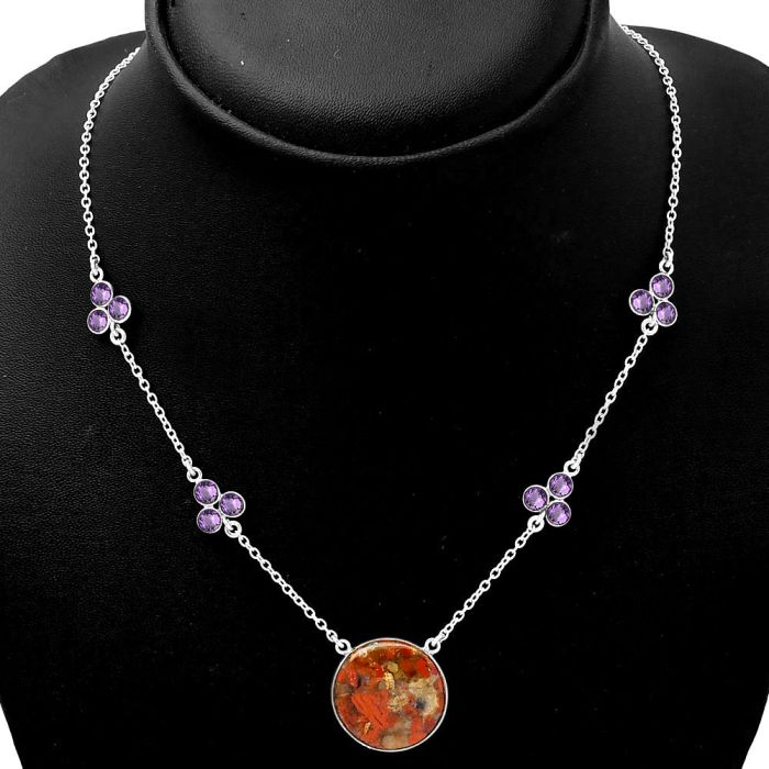 Red Brecciated Jasper & Amethyst Necklace SDN1385 N-1004, 20x20 mm