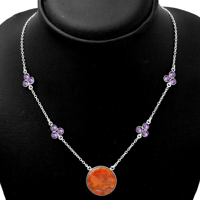 Natural Red Sponge Coral & Amethyst Necklace SDN1395 N-1004, 16x16 mm