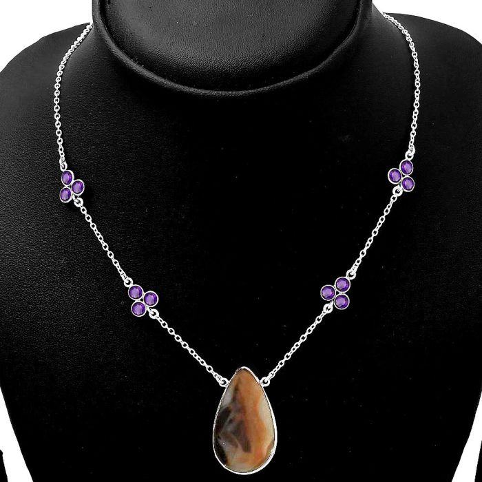 Natural Montana Agate - USA & Amethyst Necklace SDN1410 N-1004, 18x30 mm