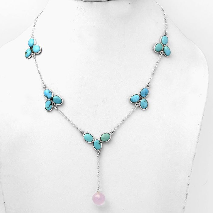 Faceted Rose Quartz Briolette Ball & Nevada Turquoise Necklace SDN1430 N-1005, 9x9 mm