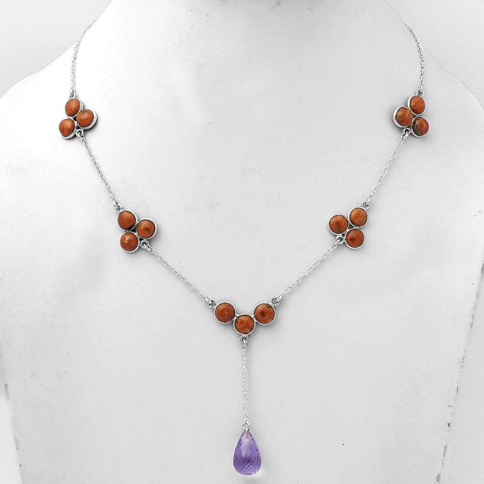 Faceted Amethyst Briolette Drop & Red Sponge Coral Necklace SDN1432 N-1005, 9x13 mm