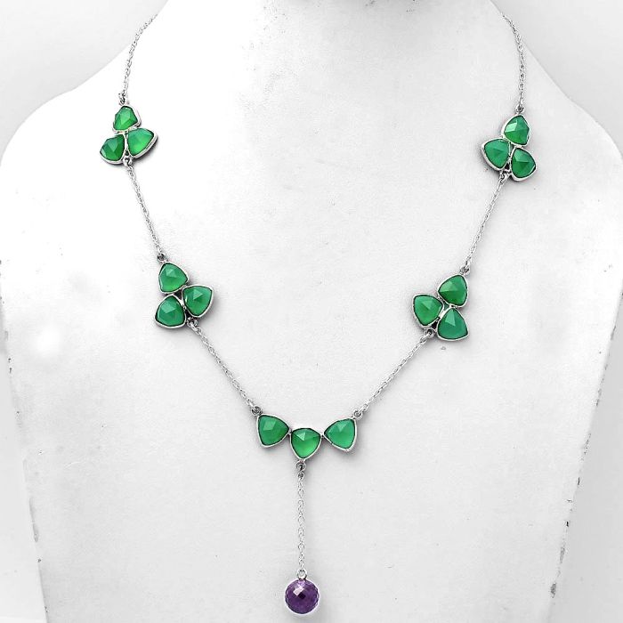 Faceted Amethyst Briolette Ball & Green Onyx Necklace SDN1437 N-1005, 9x9 mm