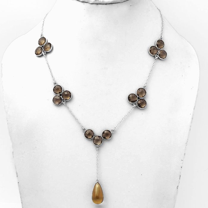 Citrine Briolette Drop & Smoky Quartz Necklace SDN1440 N-1005, 10x18 mm