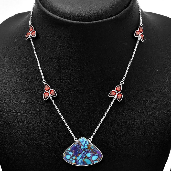 Kingman Purple Dahlia Turquoise and Garnet Necklace SDN1696 N-1004, 21x29 mm