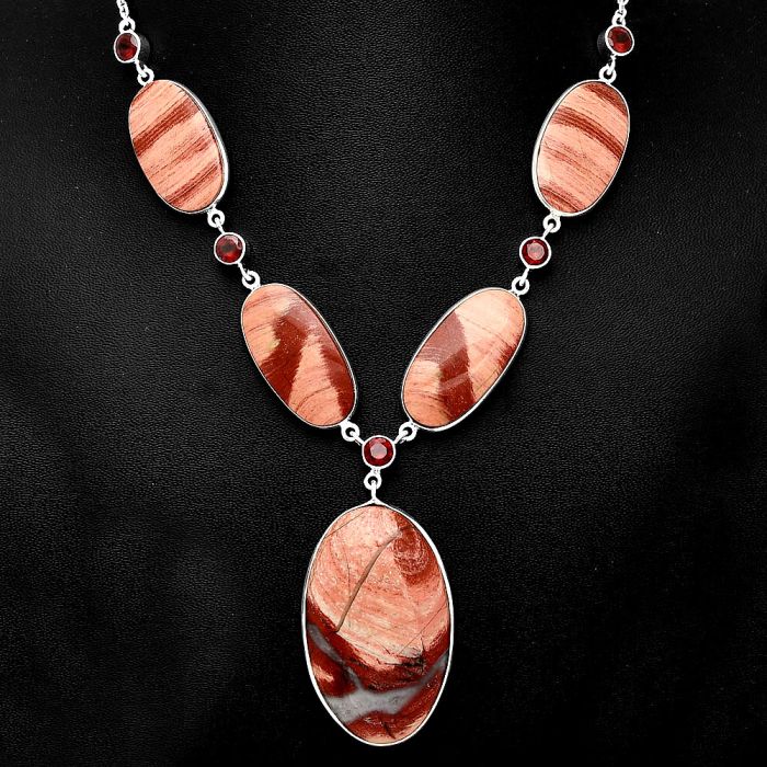 Snake Skin Jasper and Garnet Necklace SDN1845 N-1022, 20x40 mm