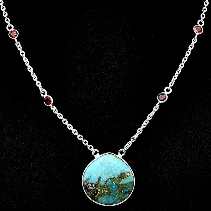 Kingman Copper Teal Turquoise and Garnet Necklace SDN1886 N-1012, 22x22 mm