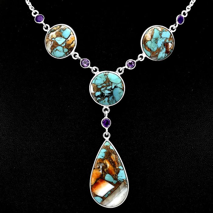 Spiny Oyster Turquoise and Amethyst Necklace SDN1960 N-1023, 16x29 mm